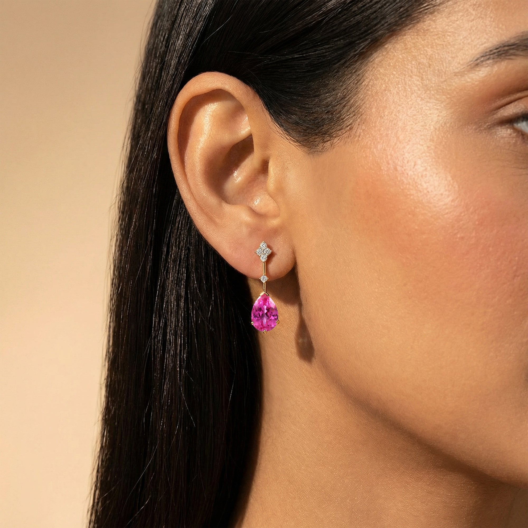 Teardrop Pink Sapphire Drop Earrings with Accent Diamonds - GeumJewels