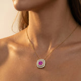 Double Halo Diamond Cushion Cut Pink Sapphire Necklace