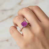 Pink Sapphire Square Cushion Under Halo Diamonds Thin Ring with Diamond Band - GeumJewels