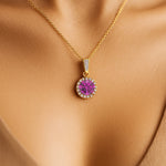 Dainty Round Solitaire Halo Diamond Pink Sapphire Pendant - GeumJewels