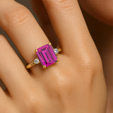 Emerald Cut Pink Sapphire and Diamond Three Stone Ring - GeumJewels