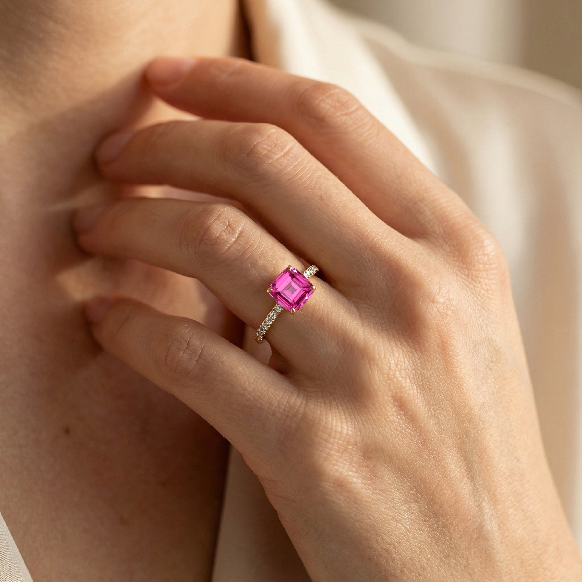 Pink Sapphire Square Cushion Under Halo Diamonds Thin Ring with Diamond Band - GeumJewels