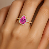 Classic Pear Shaped Pink Sapphire Halo Diamond Engagement Ring - GeumJewels
