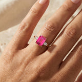 Emerald Cut Pink Sapphire and Diamond Three Stone Ring - GeumJewels