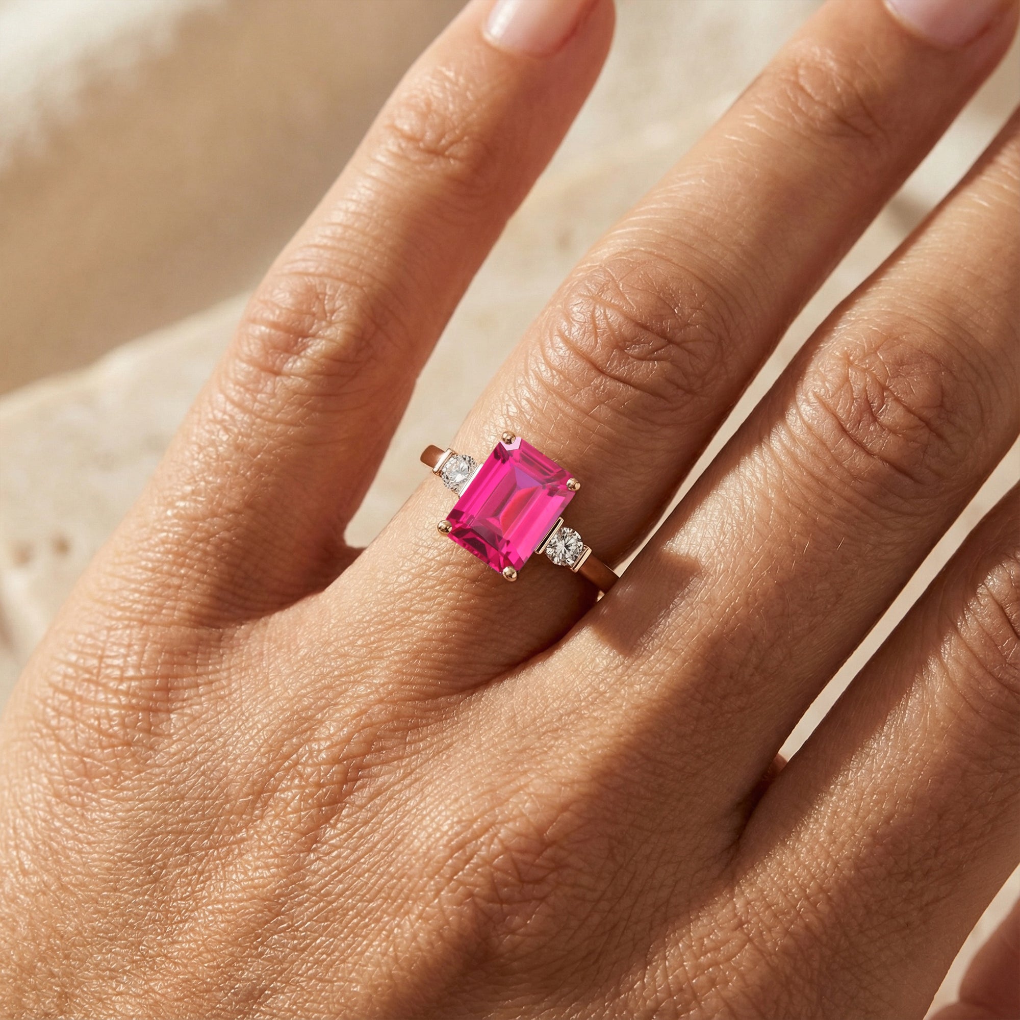 Emerald Cut Pink Sapphire and Diamond Three Stone Ring - GeumJewels
