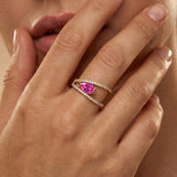 Fashionable V Shaped Diamond Ring with Pear Cut Pink Sapphire