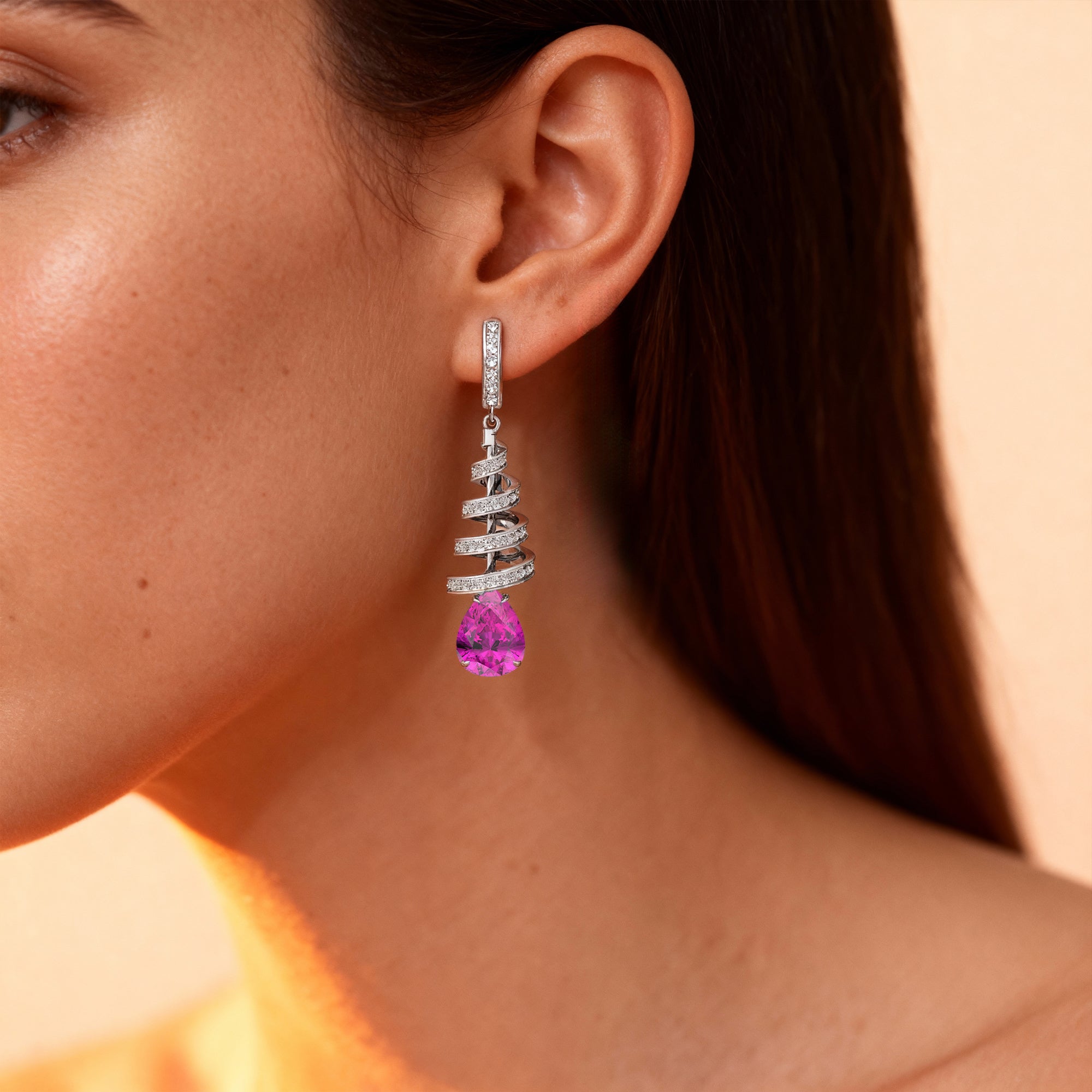 Spiral Diamond Pear Cut Pink Sapphire Dangle Earrings - GeumJewels