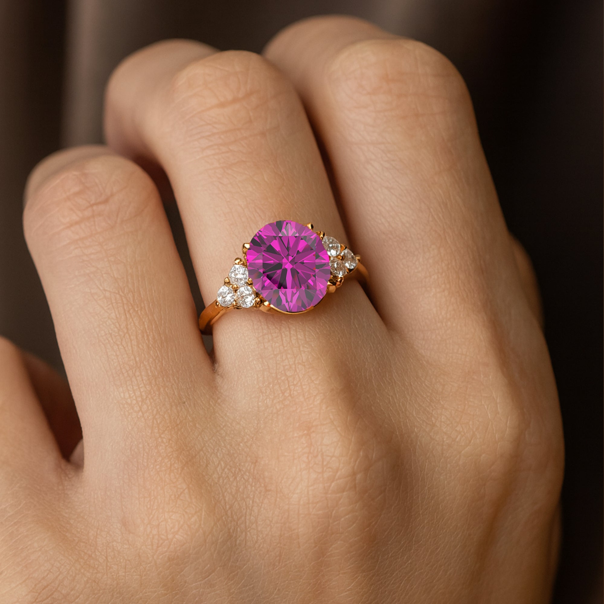 Trio Diamond Engagement Ring with Oval Cut Pink Sapphire - GeumJewels