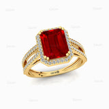 Halo Set Emerald Shaped Ruby Split Shank Ring with Accent Diamonds