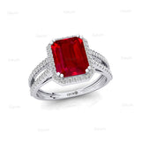 Halo Set Emerald Shaped Ruby Split Shank Ring with Accent Diamonds