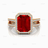 Halo Set Emerald Shaped Ruby Split Shank Ring with Accent Diamonds