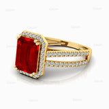 Halo Set Emerald Shaped Ruby Split Shank Ring with Accent Diamonds