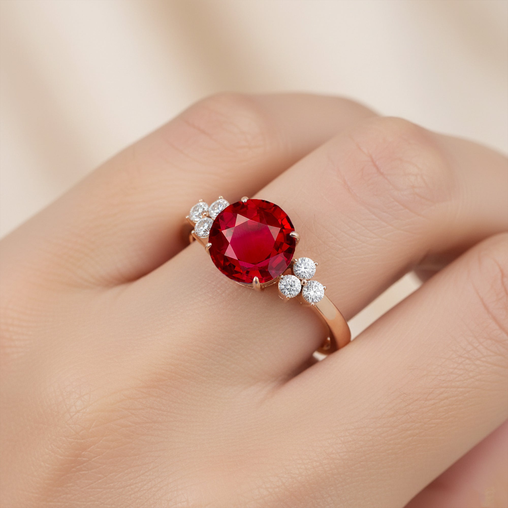 Trio Diamond Engagement Ring with Round Solitaire Ruby - GeumJewels