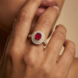 Triple Halo Diamond Oval Cut Ruby Cocktail Ring