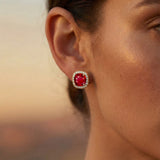 Cushion Cut Ruby Halo Diamond Stud Earrings