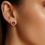 Heart Shaped Ruby Halo Diamond Stud Earrings - GeumJewels