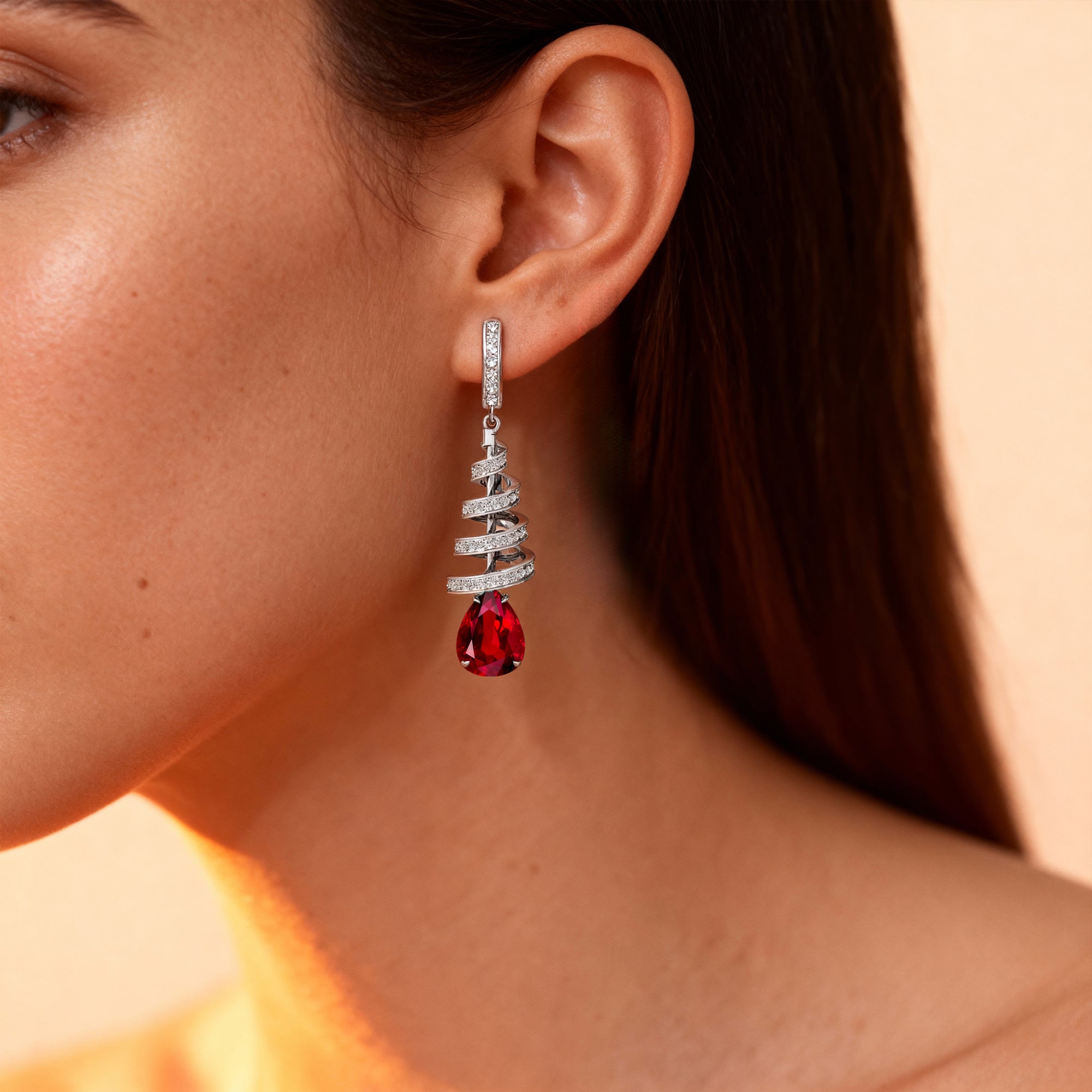 Spiral Diamond Pear Cut Ruby Dangle Earrings - GeumJewels