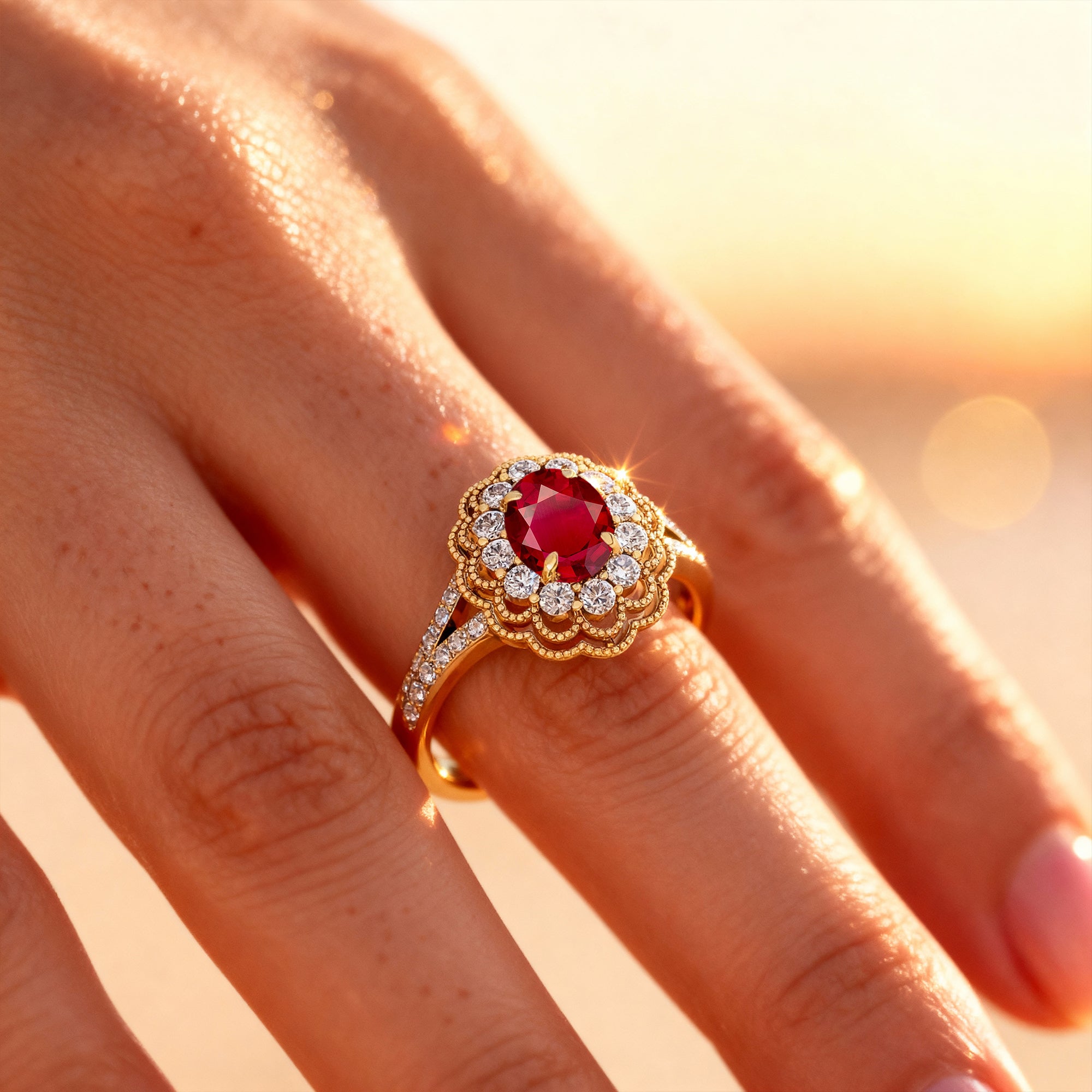 Flower Inspired Cluster Diamond Oval Ruby Engagement Ring - GeumJewels