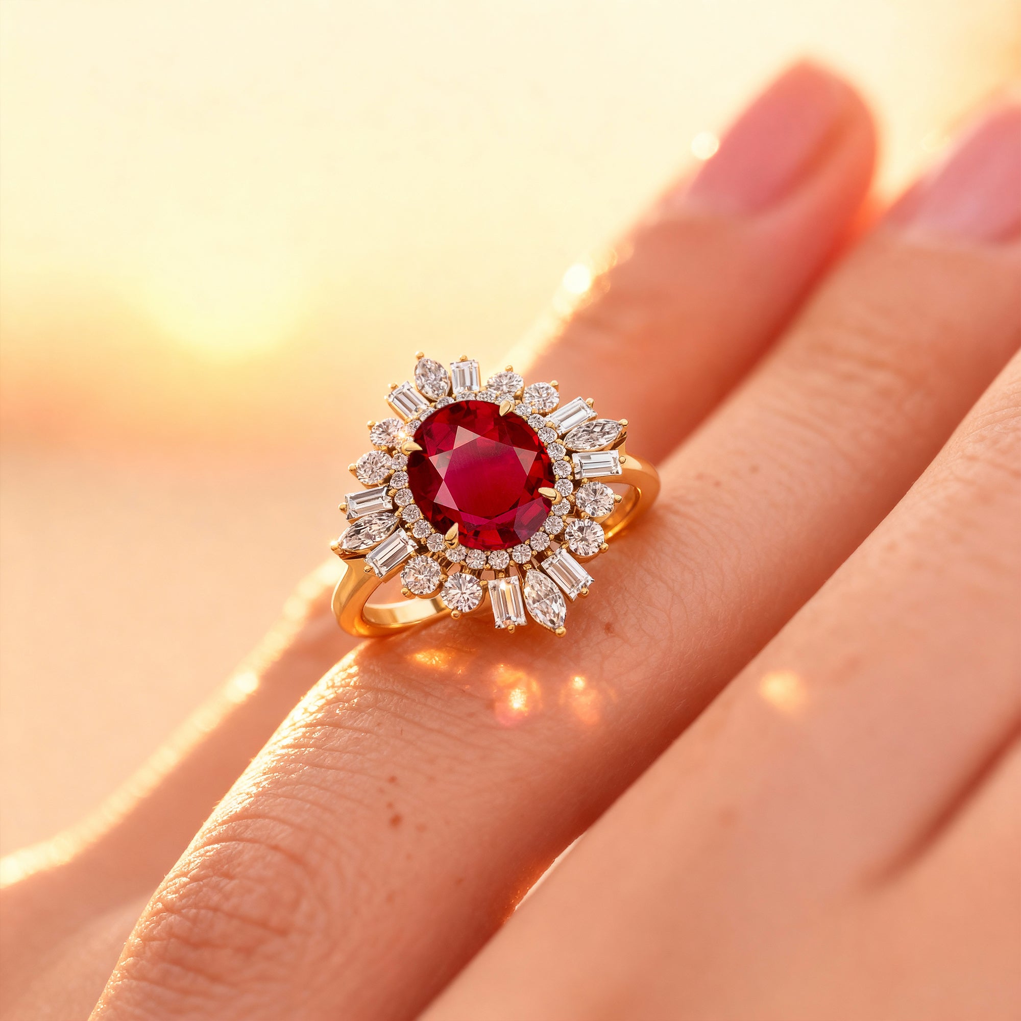 Oval Solitaire Ruby Baguette and Round Diamond Cocktail Ring - GeumJewels