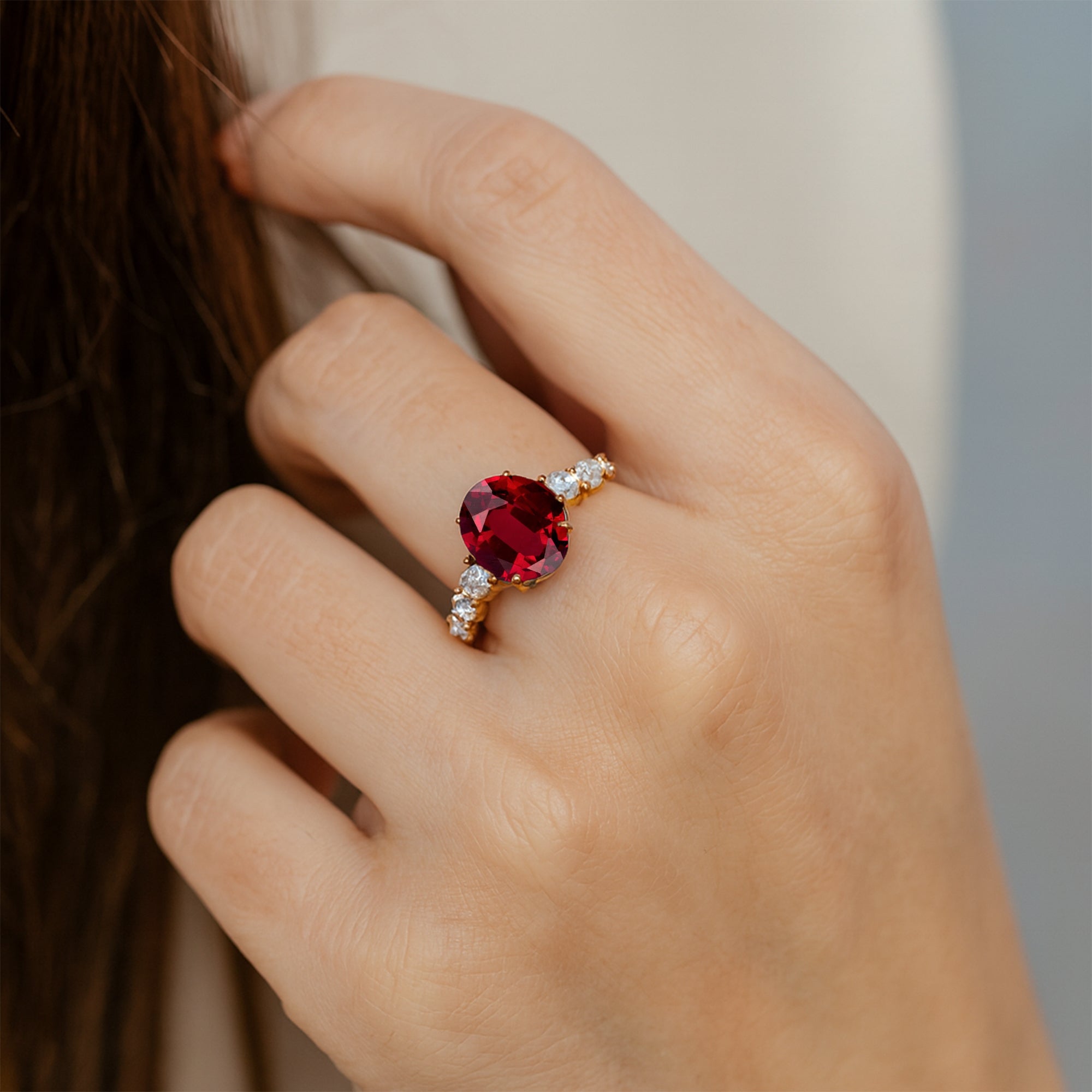 Oval Cut Ruby with Graduated Diamonds Ring - GeumJewels
