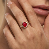 Classic Round Halo Diamonds with Solitaire Ruby Engagement Ring