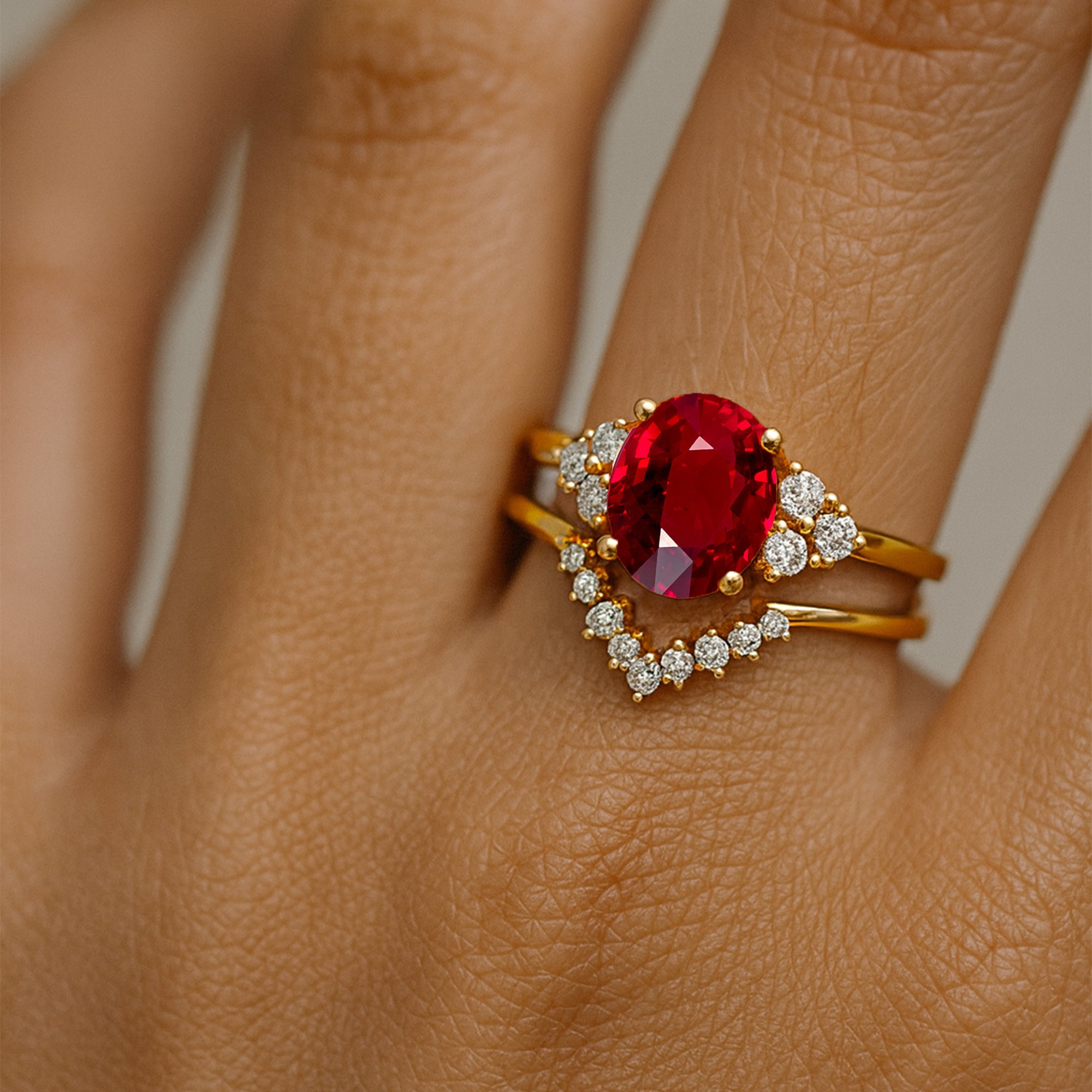 Ruby Solitaire Gemstone Ring With Stackable Diamond Band - GeumJewels