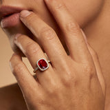 Elongated Cushion Halo Set Ruby Engagement Ring with Diamond Band