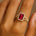 Halo Set Emerald Shaped Ruby Split Shank Ring with Accent Diamonds - GeumJewels