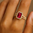 Halo Set Emerald Shaped Ruby Split Shank Ring with Accent Diamonds - GeumJewels