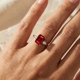 Emerald Cut Ruby and Diamond Three Stone Ring - GeumJewels