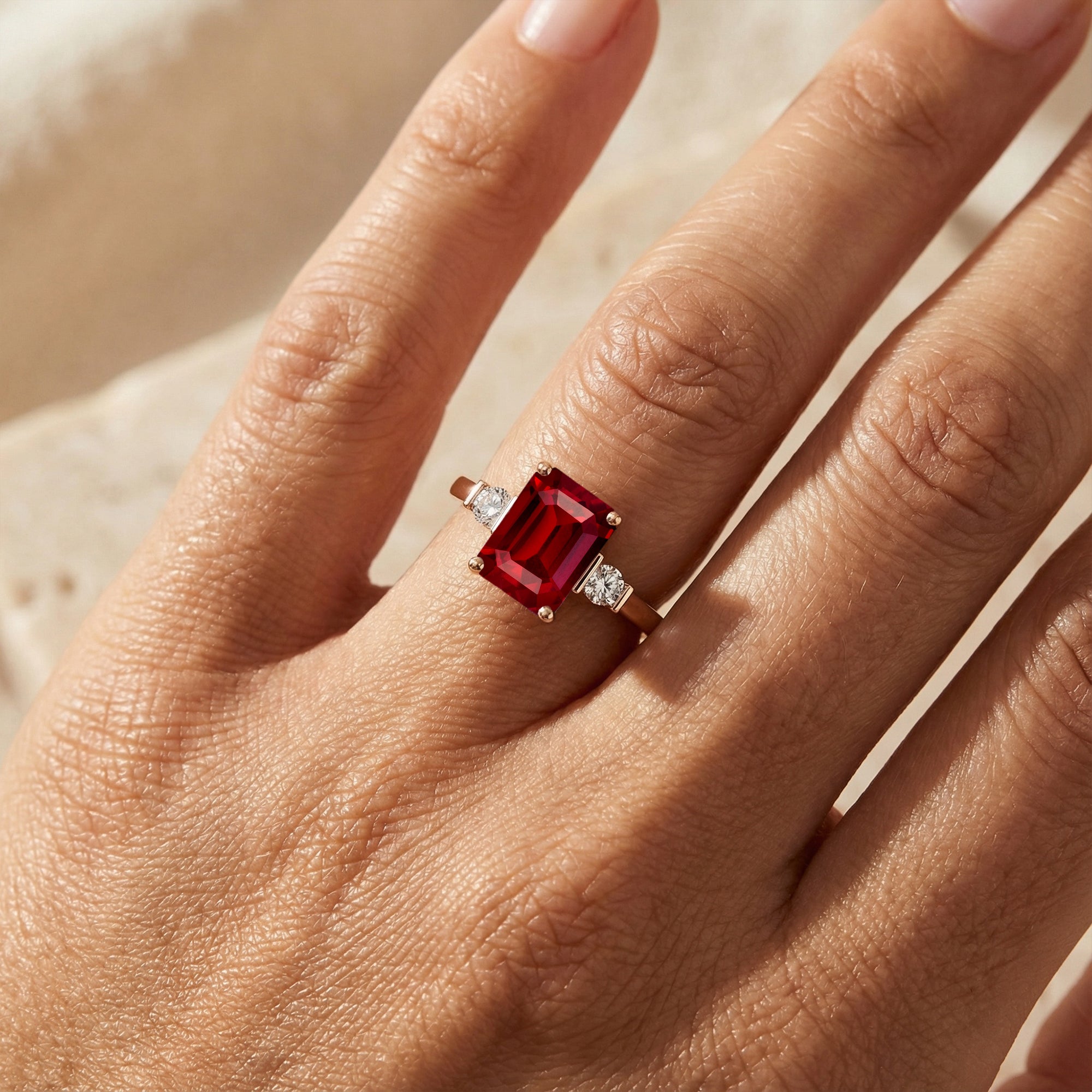 Emerald Cut Ruby and Diamond Three Stone Ring - GeumJewels