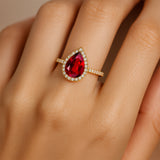 Classic Pear Shaped Ruby Halo Diamond Engagement Ring - GeumJewels