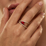 Fashionable V Shaped Diamond Ring with Pear Cut Ruby