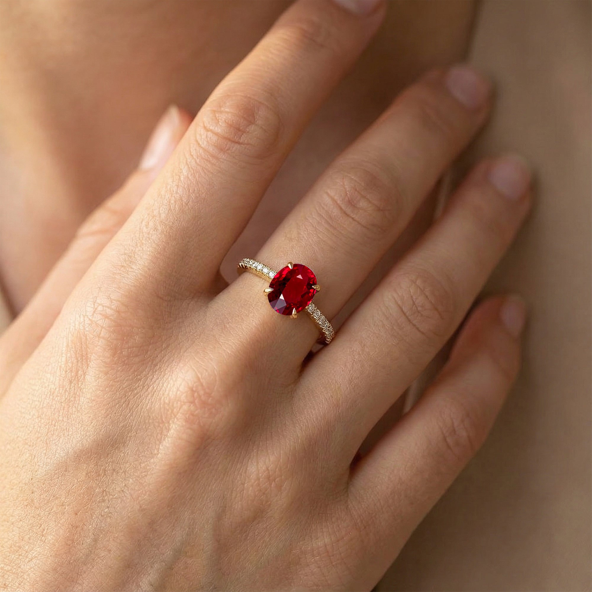 Oval Solitaire Ruby with Accent Diamonds Engagement Ring - GeumJewels