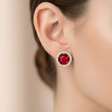 Round Solitaire Ruby Halo Diamond Stud Earrings - GeumJewels