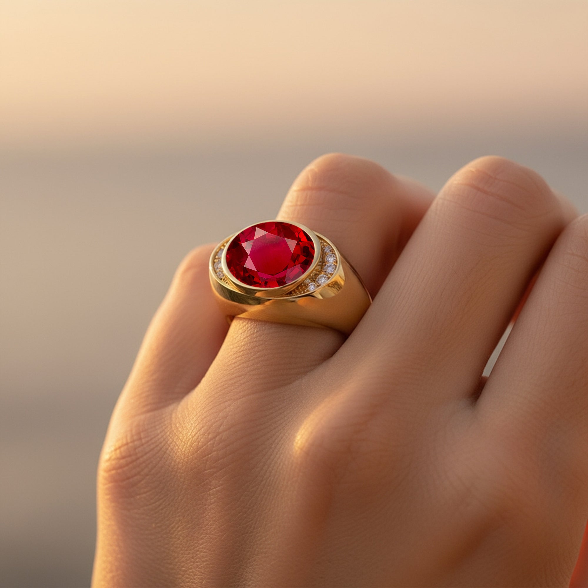 Vintage Style Elongated Oval Ruby Halo Diamond Twisted Ring - GeumJewels