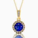 Dainty Round Solitaire Halo Diamond Blue Sapphire Pendant