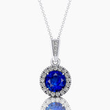 Dainty Round Solitaire Halo Diamond Blue Sapphire Pendant