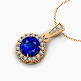 Dainty Round Solitaire Halo Diamond Blue Sapphire Pendant