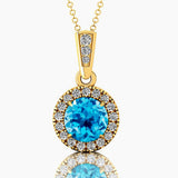 Dainty Round Solitaire Halo Diamond Swiss Blue Topaz Pendant