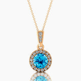 Dainty Round Solitaire Halo Diamond Swiss Blue Topaz Pendant