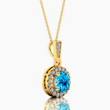 Dainty Round Solitaire Halo Diamond Swiss Blue Topaz Pendant