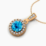 Dainty Round Solitaire Halo Diamond Swiss Blue Topaz Pendant