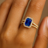 Halo Set Emerald Shaped Blue Sapphire Split Shank Ring with Accent Diamonds - GeumJewels