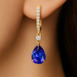 Lever Back Diamond Drop Earrings with Pear Cut Blue Sapphire