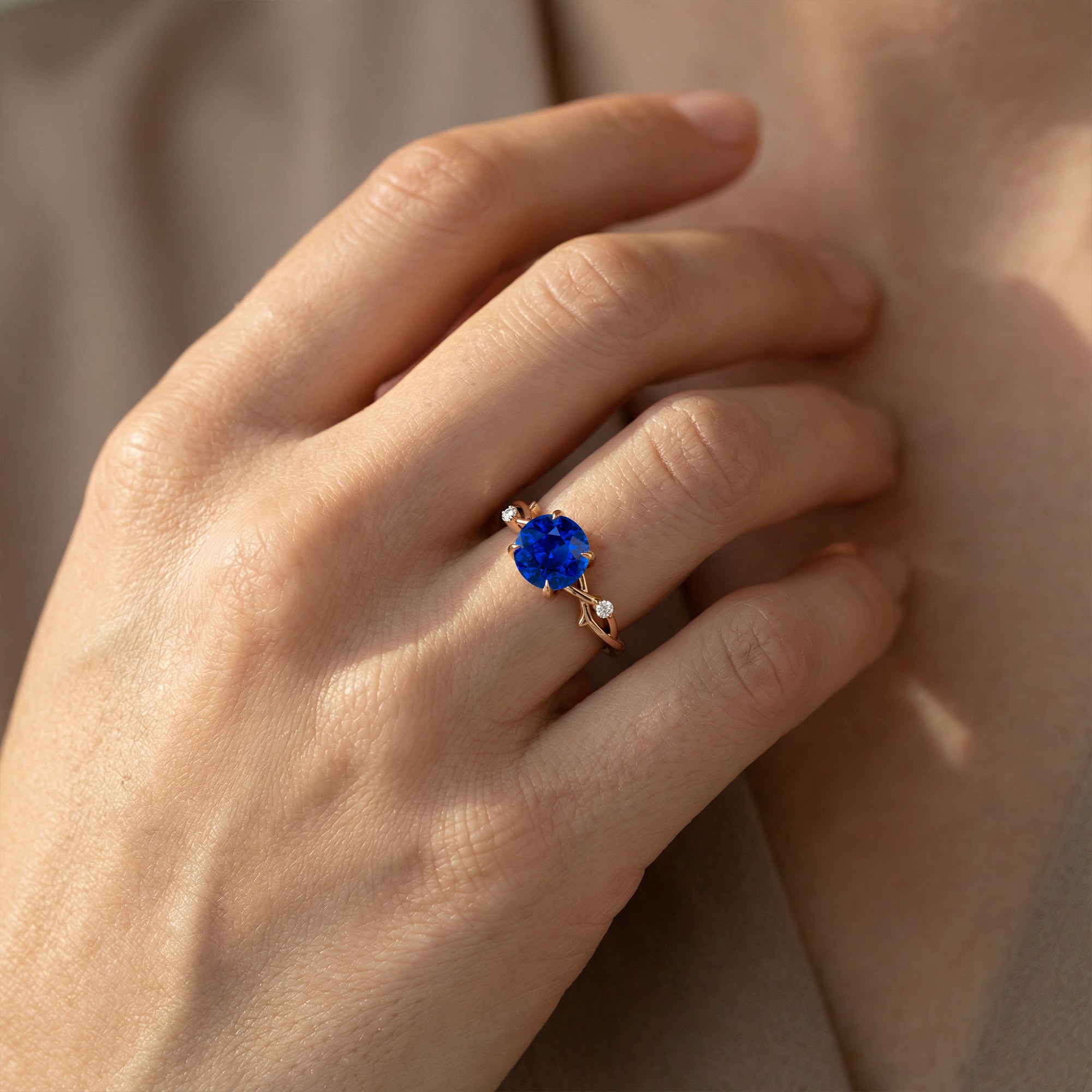 Criss Cross Nature Inspired Diamond Ring with Round Blue Sapphire - GeumJewels