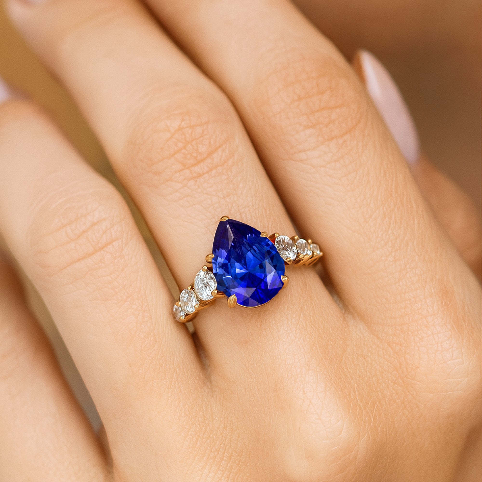 Pear Cut Blue Sapphire with Graduated Diamonds Ring - GeumJewels