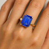 Emerald Shaped Blue Sapphire with 3mm Accent Solitaire Engagement Ring - GeumJewels