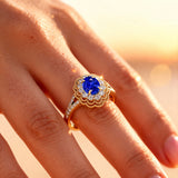 Flower Inspired Cluster Diamond Oval Blue Sapphire Engagement Ring - GeumJewels