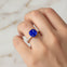 Blue Sapphire Square Cushion Under Halo Diamonds Thin Ring with Diamond Band - GeumJewels